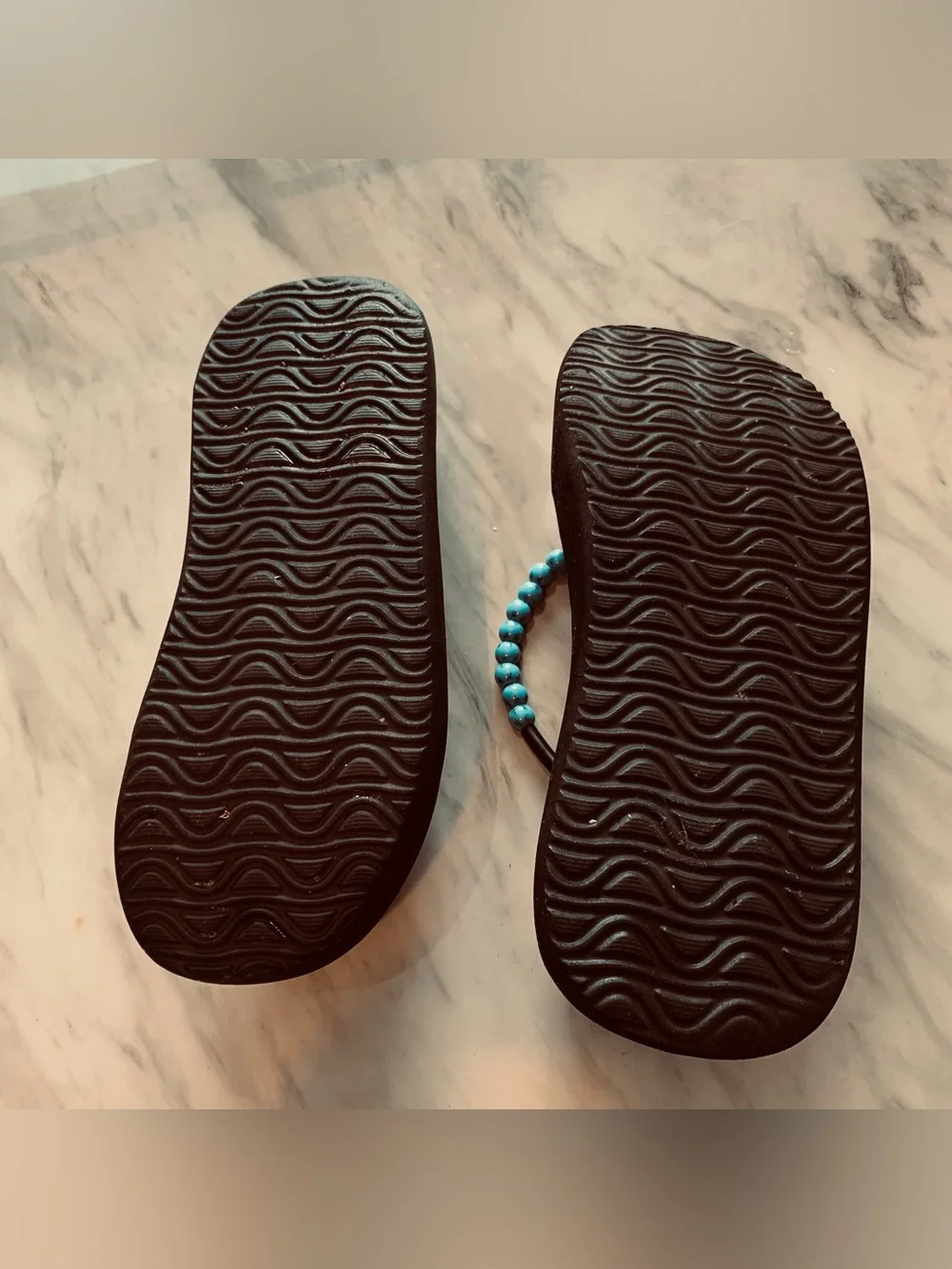 Esprit Black Platform Flip Flops with Turquoise Beaded Straps